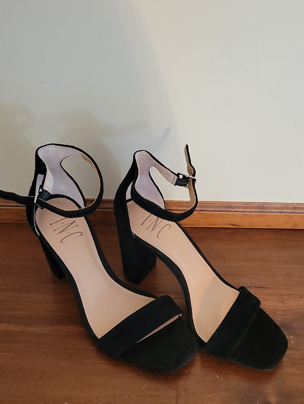 INC International Concepts Black Suede Block Heel Ankle-Strap Sandals
